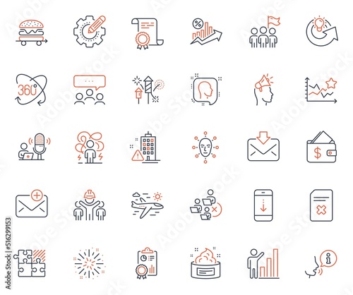 Business icons set. Included icon as Leadership, Full rotation and Fireworks rocket web elements. Puzzle game, Scroll down, Airplane travel icons. Settings gear, Brand ambassador. Vector