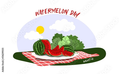 National Watermelon Day poster with calligraphy lettering isolated on white background