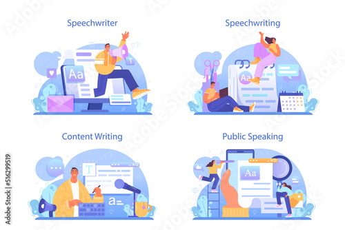 Speechwriter concept set. Professional speaker or journalist write a content