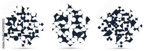 Abstract geometric designs set vector pattern compositions, black and white 70s retro style templates art isolated over white, creative elegant backgrounds.