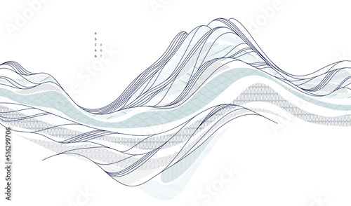 Oriental Japanese style vector abstract illustration, background in Asian traditional style, wavy shapes and mountains terrain, runny like sea lines.