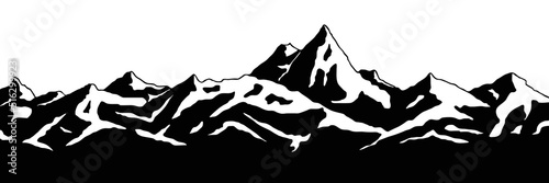 Snow covered mountain peaks, mountain range panoramic view, black and white landscape