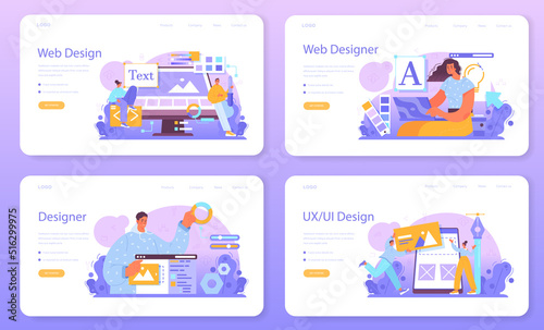 Web designer web banner or landing page set. Interface and content