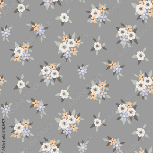 Seamless floral pattern, cute ditsy print with small decorative flowers, leaves in bouquets. Pretty botanical background, girly surface design with tiny plants in pastel colors. Vector illustration.