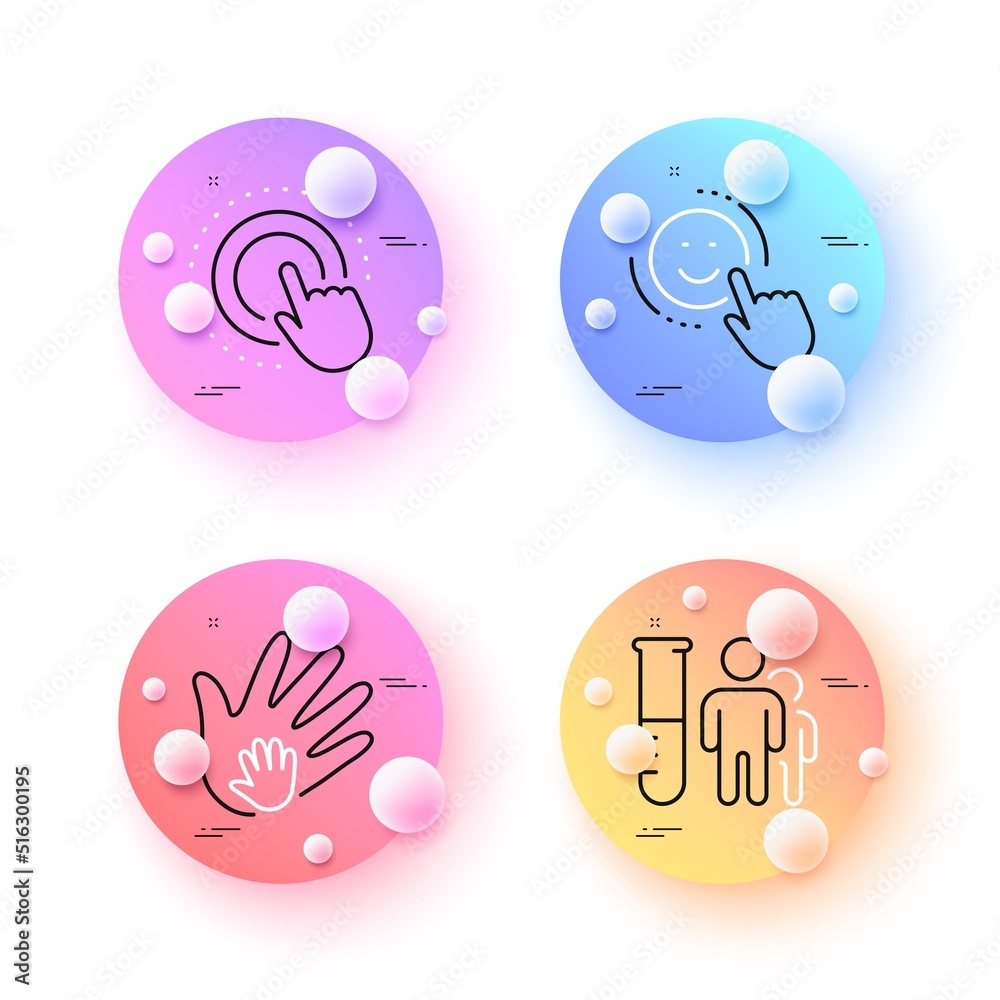 Medical analyzes, Click hand and Smile minimal line icons. 3d spheres or balls buttons. Social responsibility icons. For web, application, printing. Vector Medical analyzes, Click hand and Smile minimal line icons. 3d spheres or balls buttons. Social responsibility icons. For web, application, printing. Vector