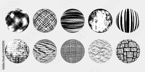 Set of balls with different textures, vector design, grayscale
