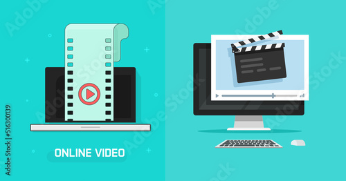 Video editor and film production concept icon vector on computer, movie montage studio maker, digital multimedia creating illustration with clapper board and filmstrip illustration image