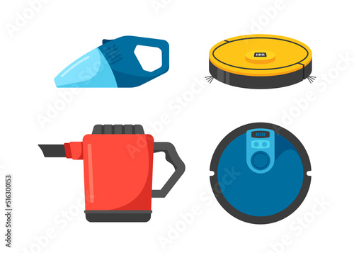 Set Of Vacuum Cleaners, Hand Holding, Robotics And Portable Car Electrical Devices Isolated On White Background