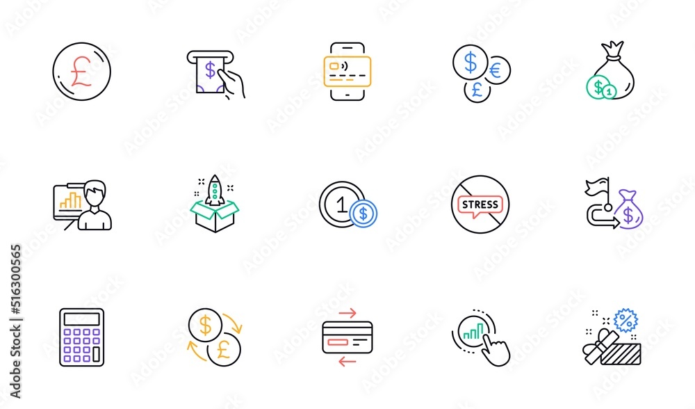 Graph chart, Financial goal and Calculator line icons for website, printing. Collection of Money currency, Startup, Cash icons. Credit card, Usd coins, Pound money web elements. Vector Graph chart, Financial goal and Calculator line icons for website, printing. Collection of Money currency, Startup, Cash icons. Credit card, Usd coins, Pound money web elements. Vector