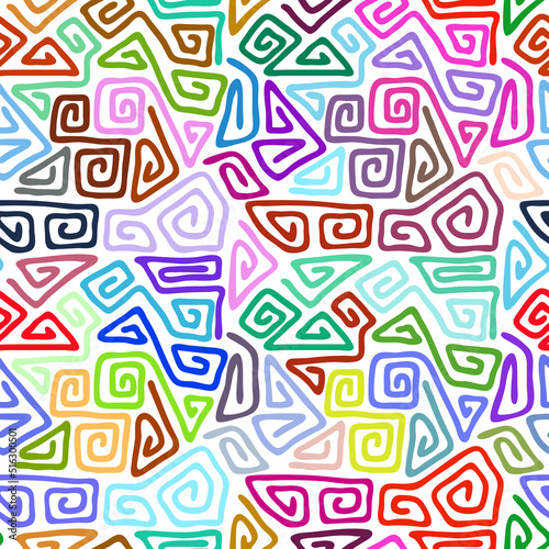 Seamless pattern. Ethnic background, multicolor spirals, hand drawing.