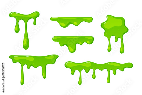 Set Of Dripping Green Slime Textures, Border And Spots Isolated Elements On White Background, Falling Syrup Drops
