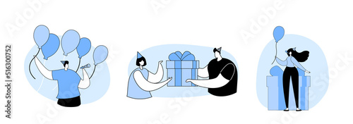 Characters Celebrate Birthday, Tiny Female at Huge Present Box, Man and Woman with Balloons, Festive Hats and Gift