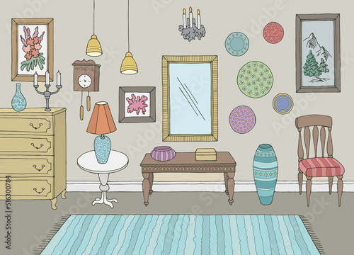 Antique store interior graphic color sketch illustration vector