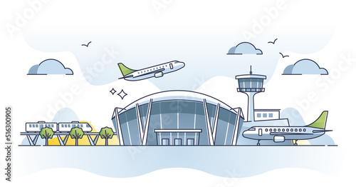 Airport building exterior with airplanes and control tower outline concept. Terminal with passengers boarding process for take off vector illustration. Jet transport for international vacation travel.