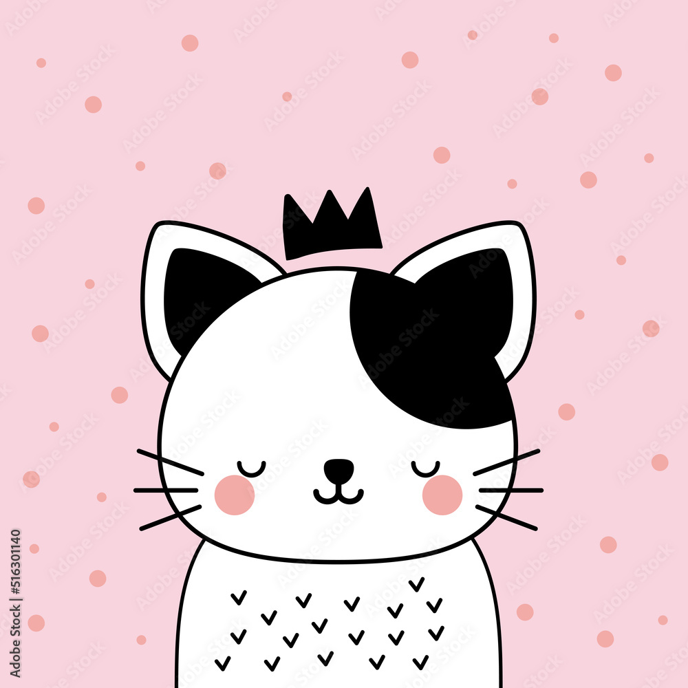 Vector hand drawn kawaii poster. Cute cat in doodle style on a pink background. Wallpaper for kids, print on children's clothes, textiles.
Kitten with a crown. Vector hand drawn kawaii poster. Cute cat in doodle style on a pink background. Wallpaper for kids, print on children's clothes, textiles.
Kitten with a crown.