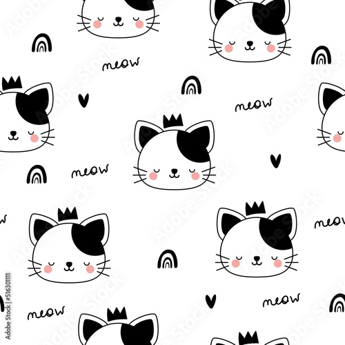 Vector hand-drawn seamless pattern with cats, meow lettering, rainbow and hearts. In doodle style on a white background. Print for children's wallpapers, baby clothes, textiles.