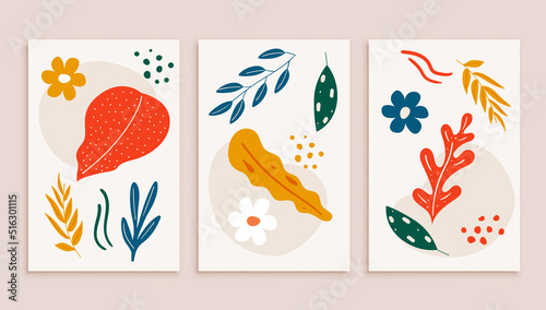 Set of modern posters with exotic tropical leaves and plants. Branches, flowers and leaves with dots and spots. Trend set, print. Hand drawn vector.