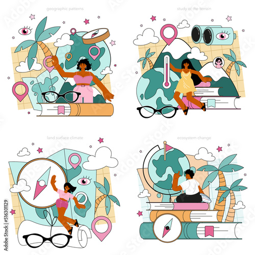 Geography class concept set. Students learning the lands and ecosystems