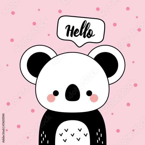 Vector hand drawn kids poster with cute koala. Koala says hello. Poster, print on clothes, phone case, textiles. On a pink background. Kawaii animal. Doodle style.