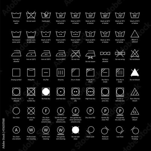 White Laundry wash symbols set editable stroke. Vector