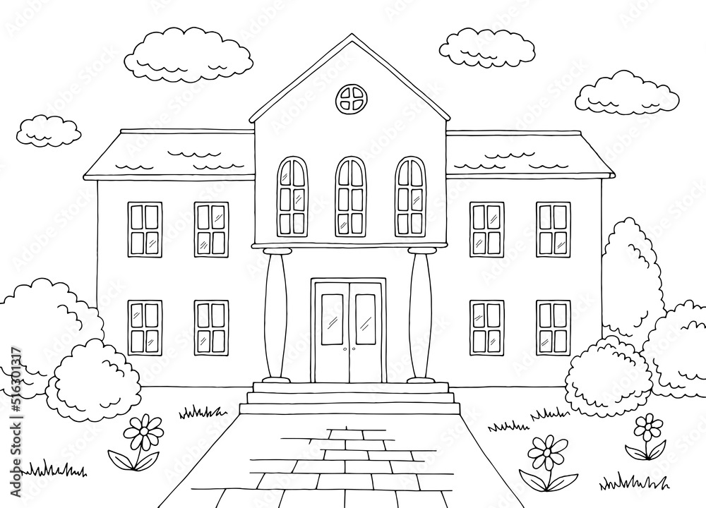 School building front view exterior graphic black white sketch illustration vector 