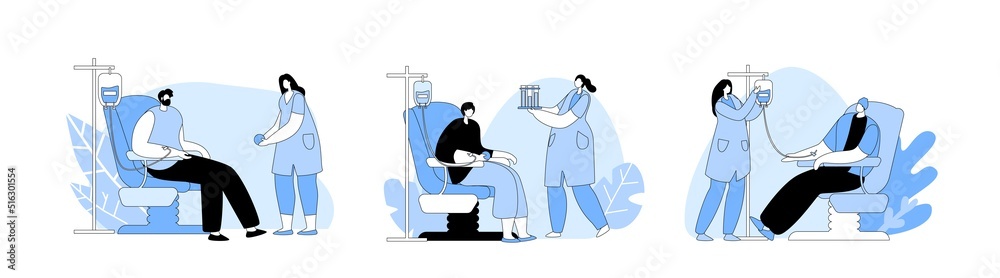 Volunteers Men and Women Sitting in Medical Hospital Chairs Donating Blood. Doctor or Nurse Characters Take Blood Volunteers Men and Women Sitting in Medical Hospital Chairs Donating Blood. Doctor or Nurse Characters Take Blood