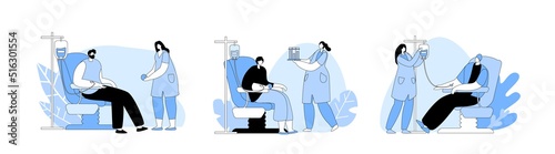 Volunteers Men and Women Sitting in Medical Hospital Chairs Donating Blood. Doctor or Nurse Characters Take Blood