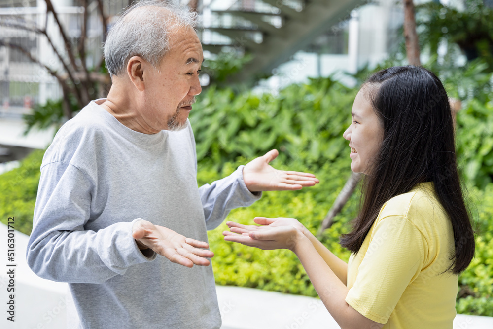 Happy smiling daughter asking money or stipend from late married senior father or niece with retired senior grandfather but the old man do not have the money Happy smiling daughter asking money or stipend from late married senior father or niece with retired senior grandfather but the old man do not have the money