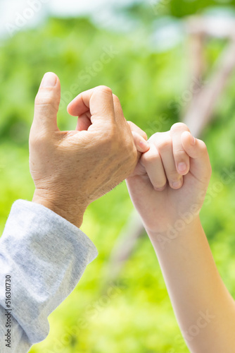 Hand closeup of teen girl having pinky promise with old grandfather or late-married senior father © 9nong
