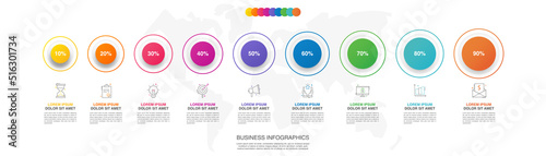 Modern 3D vector illustration. Circular infographic template with nine elements. Contains icons and text. Designed for business, presentations, web design, 9-step diagrams.