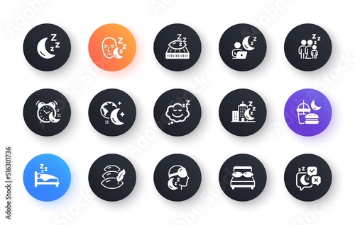Sleep icons. Sleeping pillow, Night bed and Insomnia sleeplessness. Bedroom rest mattress, Zzz snooze and Pillows with feather icons. Sleeping mask, Alarm clock and Human sleep in bed. Vector