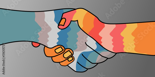 peace, agreement, collaboration, community between group of diverse cultures and race. multi color rainbow diversity handshake vector illustration background.