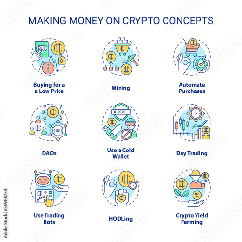 Making money on crypto concept icons set. Cryptocurrency mining. Digital finance idea thin line color illustrations. Isolated symbols. Editable stroke. Roboto-Medium, Myriad Pro-Bold fonts used © bsd studio