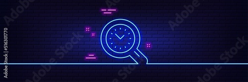 Neon light glow effect. Time management line icon. Clock sign. Work analysis symbol. 3d line neon glow icon. Brick wall banner. Time management outline. Vector