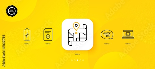 File settings, E-mail and Battery charging minimal line icons. Yellow abstract background. Quickstart guide, Map icons. For web, application, printing. Vector