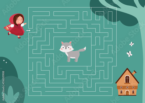 Maze game with Little Red Riding Hood, gray wolf and grandmother house. Cute cartoon kawaii characters. Puzzle for kids. Vector illustration.