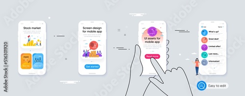 Information bell, Ice maker and Water bowl minimal line icons. Phone ui interface. Fake information, Fingerprint research, Inspect icons. Archery, Survey results, Clipboard web elements. Vector