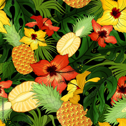 Hibiscus, pineapple, monstera, palm random repeat seamless pattern. Exotic tropical flowers, leafs, fruit irregular endless texture. Summer paradise plants chaotic surface design. Hawaiian background.