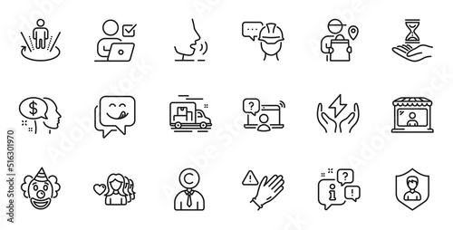 Outline set of Safe energy, Security agency and Market seller line icons for web application. Talk, information, delivery truck outline icon. Include Copyrighter, Pay, Yummy smile icons. Vector