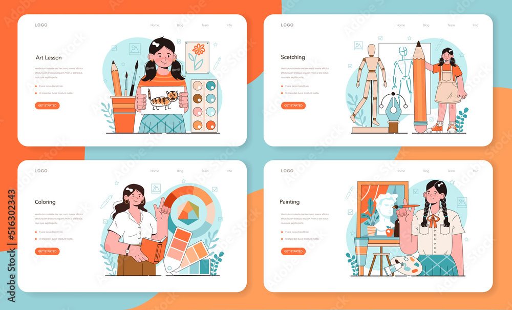 Art school education web banner or landing page set. Student holding Art school education web banner or landing page set. Student holding