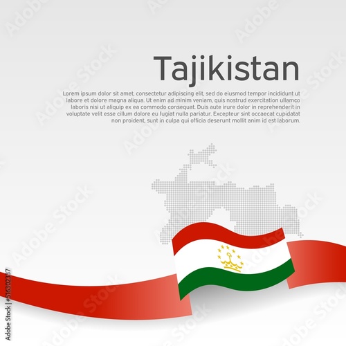 Tajikistan flag, mosaic map on white background. Cover for tajik business booklet. Wavy ribbon with the tajikistan flag. Vector banner design, national poster. State patriotic, flyer, brochure photo