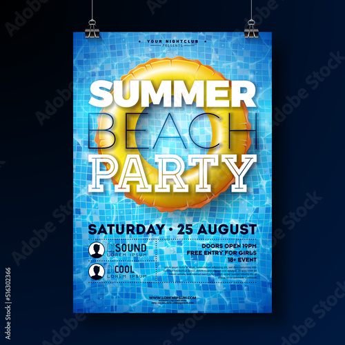 Summer Beach Party Poster Design Template with Float on Water in the Tiled Pool Background. Vector Summer Holiday Illustration with Swimbelt for Banner, Flyer, Invitation or Celebration Poster.
