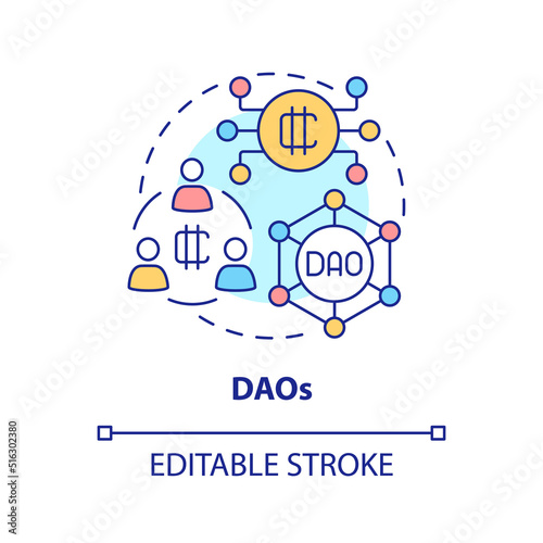 DAOs concept icon. Decentralized autonomous organization. Way to make money on crypto abstract idea thin line illustration. Isolated outline drawing. Editable stroke. Arial, Myriad Pro-Bold fonts used