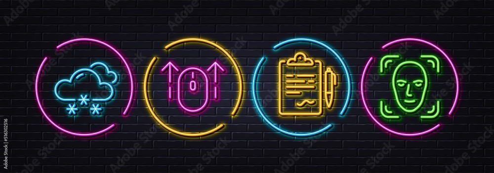 Clipboard, Swipe up and Snow weather minimal line icons. Neon laser 3d lights. Face detection icons. For web, application, printing. Agreement contract, Scrolling page, Snowflake. Vector Clipboard, Swipe up and Snow weather minimal line icons. Neon laser 3d lights. Face detection icons. For web, application, printing. Agreement contract, Scrolling page, Snowflake. Vector