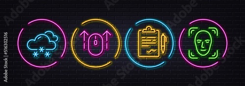 Clipboard, Swipe up and Snow weather minimal line icons. Neon laser 3d lights. Face detection icons. For web, application, printing. Agreement contract, Scrolling page, Snowflake. Vector