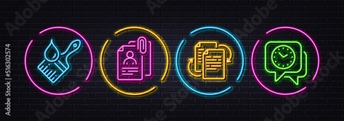 Brush, Interview documents and Bureaucracy minimal line icons. Neon laser 3d lights. Clock icons. For web, application, printing. Art brush, Cv attachment, Documents workflow. Time. Vector