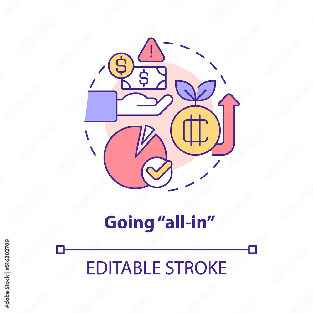 Going all in concept icon. Cryptocurrency trader fail. Common crypto mistake abstract idea thin line illustration. Isolated outline drawing. Editable stroke. Arial, Myriad Pro-Bold fonts used