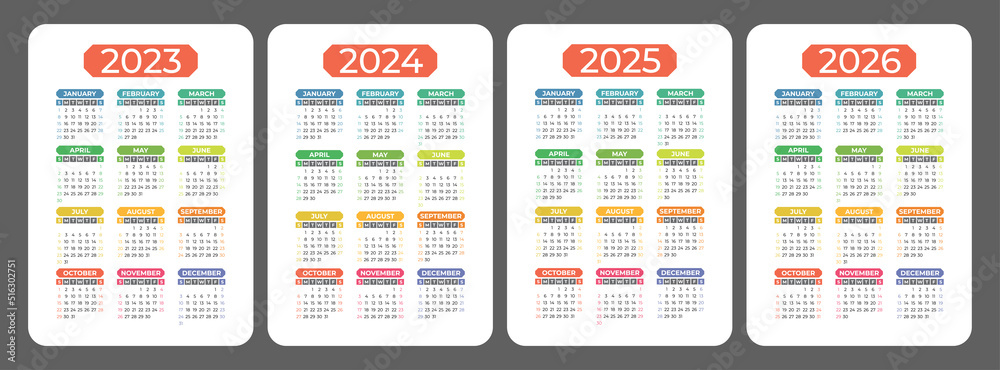 Colorful calendar 2023, 2024, 2025 and 2026. Color vector pocket