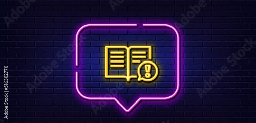 Neon light speech bubble. Interesting facts line icon. Exclamation mark sign. Book symbol. Neon light background. Facts glow line. Brick wall banner. Vector