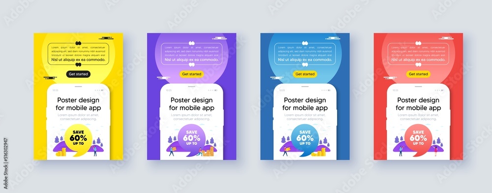 Poster frame with phone interface. Save up to 60 percent. Discount Sale offer price sign. Special offer symbol. Cellphone offer with quote bubble. Discount message. Vector